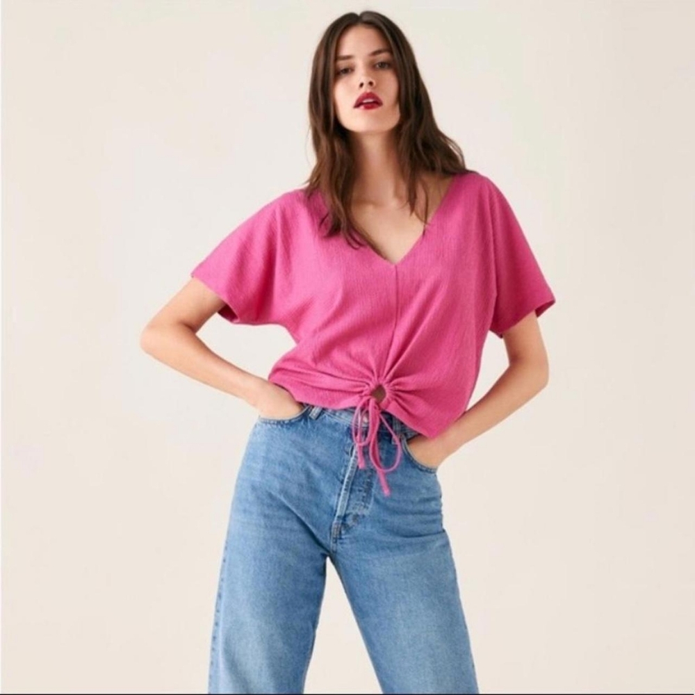 Zara Pink Short Sleeve Drawstring V Neck Relaxed Crop Top Women's Size Small S - Picture 2 of 11